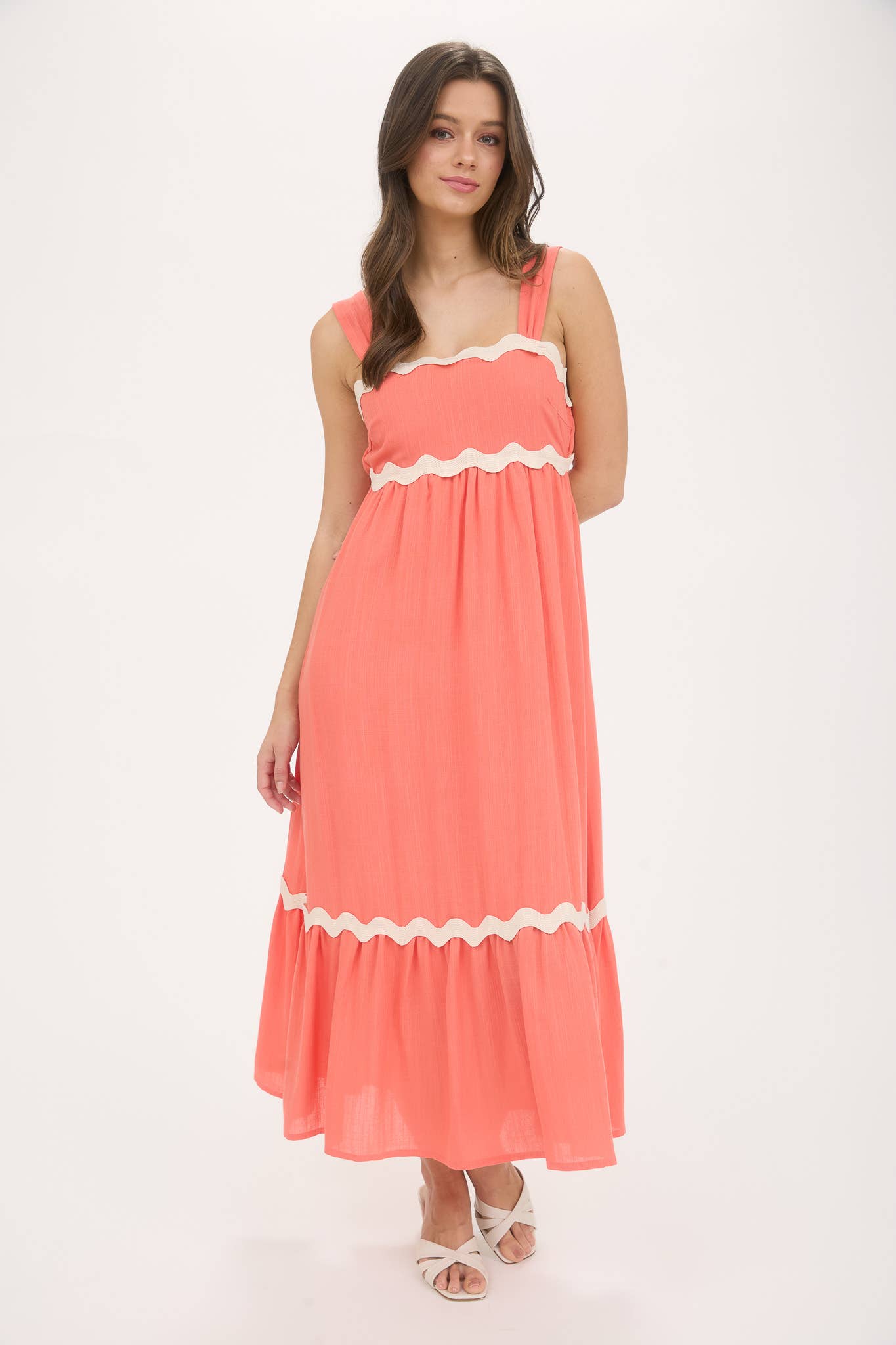 coral empire waist dress Wavy Trim Sleeveless Midi Dress: YeJammarp Retro Dresses Womens Size:L | Navy minimal boho style Ladies dresses and a flowing floor